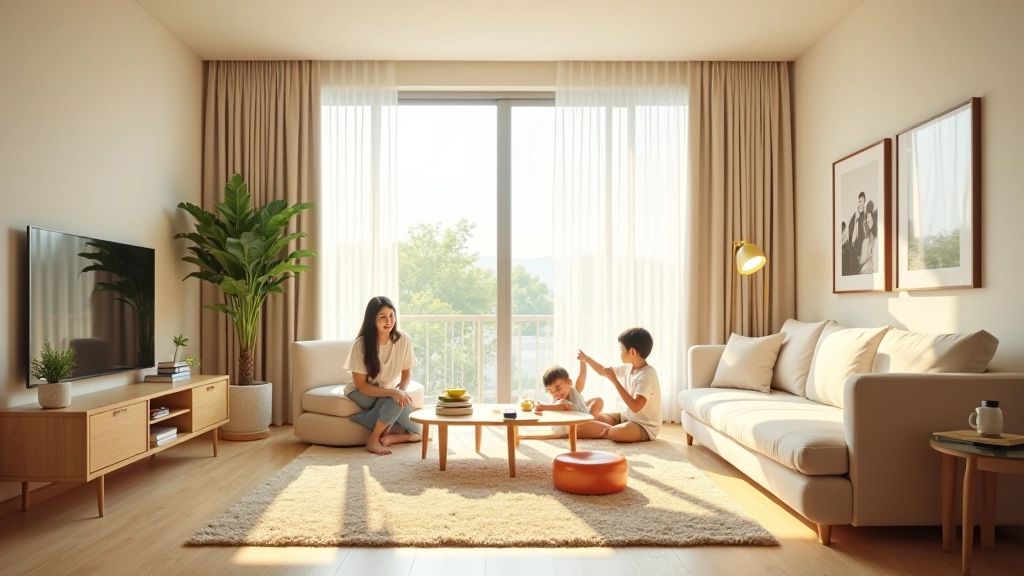 Modern family living room with bright windows, comfortable seating, and children's toys on the floor