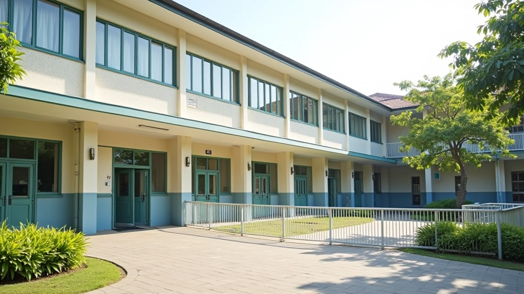 Elementary school building with playground and safety fence, morning sunlight