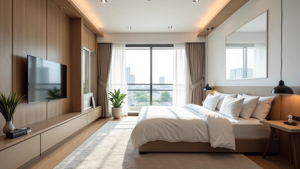 Family apartment tour showing spacious master bedroom with modern furnishings and bright natural lighting