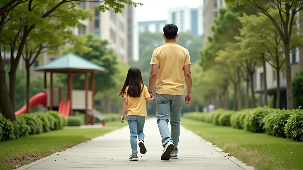 Parent and child exploring neighborhood park with playground equipment and green spaces
